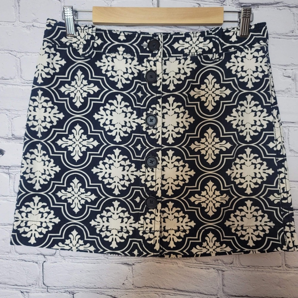 J.Crew Navy White Medallion Tile Print Button Front Cotton Mini Skirt 4 Casual